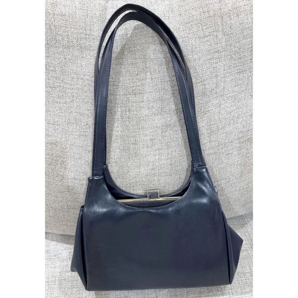 Vintage Navy Blue Faux Leather Shoulder Bag Gold Tone Minimalist